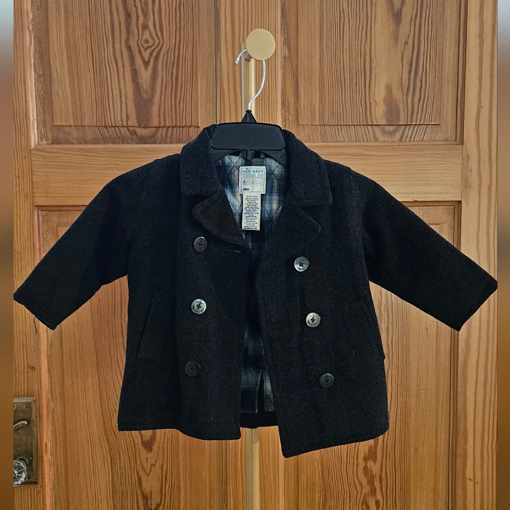 Old Navy Toddler Double Breasted Peacoat Charcoal Grey with Plaid lining